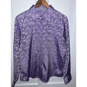 Foxcroft Women's Purple Circle Print Long Sleeve Button Up Shirt 14 Wrinkle Free